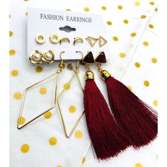 Set Of 6 Geometric & Tassel Fashion Earrings In Gold & Red Fashion Jewelry - Picture 1 of 2